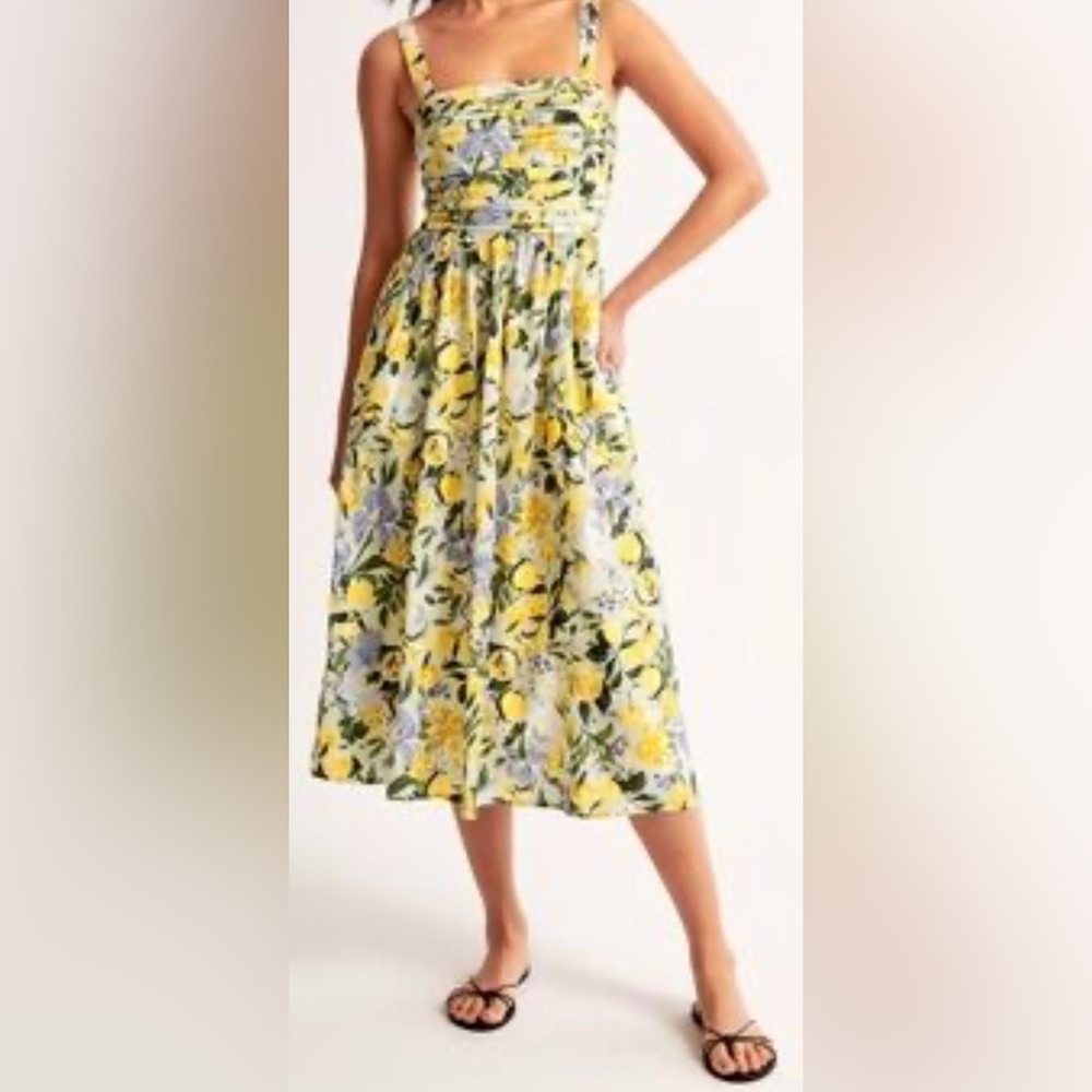 Abercrombie & Fitch XS Lemon Floral Linen Blend Midi Dress Cottagecore Summer